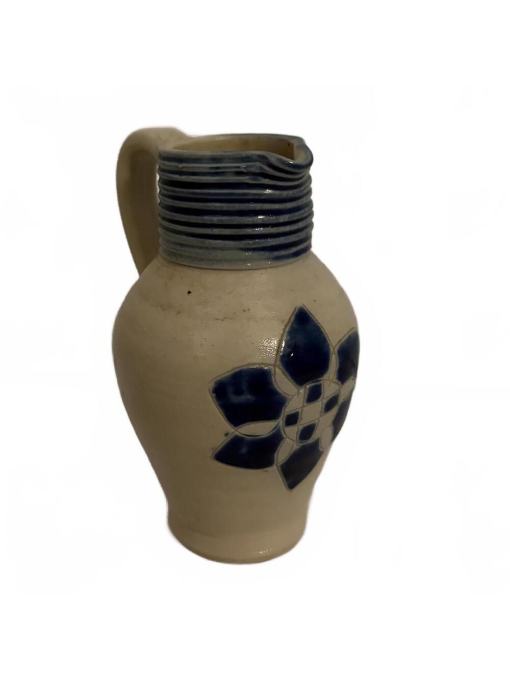 Vintage salt-glazed stoneware mini pitcher with cobalt blue floral decoration